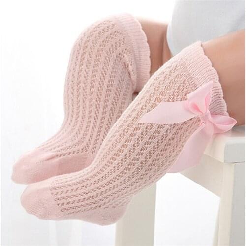 Summer Kids Socks Solid Color Bowknot Knee High Baby Girls Socks Hollow Out Breathable Anti Slip Baby Socks
