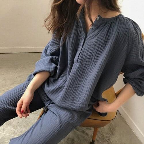 Spring Summer Breathable Female Red Blue Pajamas Suit Cotton Linen Sleeve Pant Loose Sweet Comfort Nightgown Home Clthes 2pcs