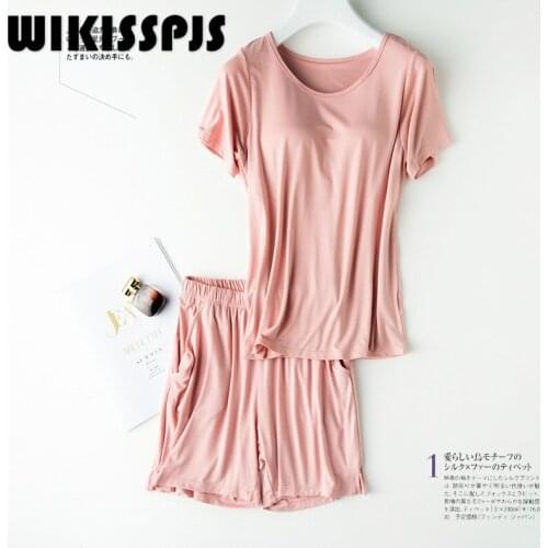 WIKISSPJS Summer Modal Short Sleeve Shorts PAJAMAS Suit Two Piece Womens Home Wear with Bra Pajama Set Women Sleepwear