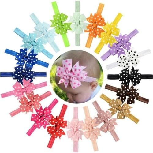 20pcs/lot Ribbon Dot Bow Headbands Baby Girl flower Headband Solid Color Children Elastic Infant Kids Hairband 616