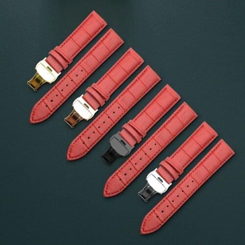 Genuine Leather Bracelet Red Watch Strap Butterfly Clasp Watchband 12 13 14 15 16 17 18 19 20 21 22 24mm Watch Band