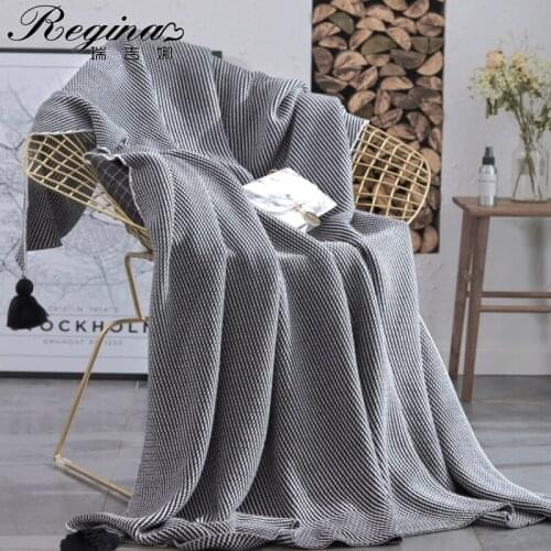 REGINA Luxury Pure Cotton Knitted Blanket Throw Home Decoration Classic Black White Texture Tassel Plaid Blankets For Bed Sofa
