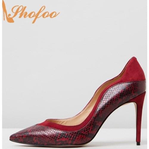 Shofoo Red Snakeskin Print Stilettos Pointed Toe Pumps Woman High Thin Heels Slip On Large Size 11 15 For Office Ladies Shoes