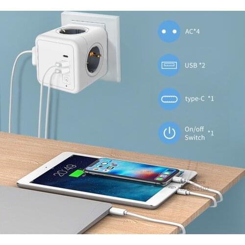 Sopend Multiple Electric Power Strip European Plug with USB+Switch+USB-C Socket Powercube 3680W Smart Outlets Extension Adapter