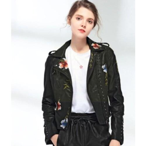 Ladies Leather Jacket Embroidered Rivet Pu Embroidered Motorcycle Motorcycle Jacket Black Jacket Punk C1W2