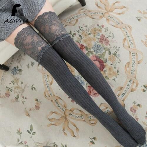 Ladies LaceTop Knee Socks Winter Autumn Spring Warm Cotton Women Long Stockings Sexy Solid Color Black White Grey Brown Type