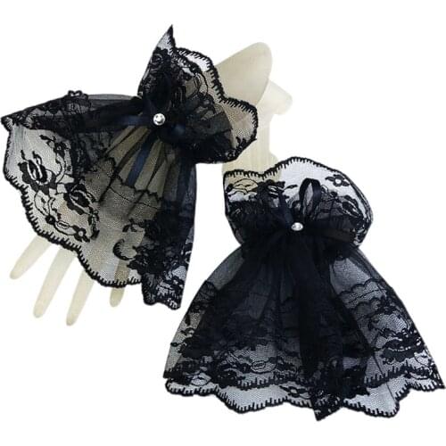 2020 Women Black Lace Wrist Cuffs Bracelets Wedding Rhinestone Bow Fingerless Gloves
