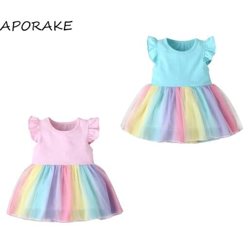 2021 0-4Y Summer Kids Baby Girls Dress Sweet Ruffles Fly Sleeve Rainbow Mesh Yarn Stitching Tulle Princess Dress