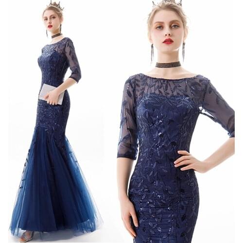 New navy blue sequines mermaid floor length lady girl women princess bridesmaid banquet prom party ball dress gown