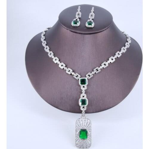 2021 new fashion luxury GREEN square CZ zircon necklace earring set,wedding bridel dinner banquet dress jewelry free shipping