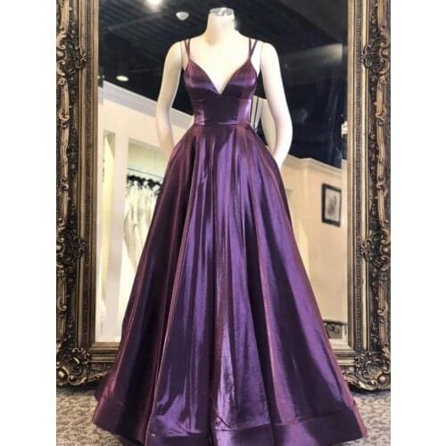 Glossy Satin Prom Dresses with Pockets Spaghetti Strap V Neck A Line Formal Evening Party Gowns with Pockets Robes De Soirée