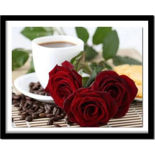 Diamond Embroidery Home Decoratin 5D Diamond Painting Rhinestones Diamond Cross Stitch Kit Red Rose And Coffee Cup