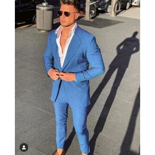 Designer Blue Slim Fit Men Suits Fashion Costume Homme Wedding Prom Terno Masculino Groom Tuxedos Blazer 2 Pc Jacket Pant