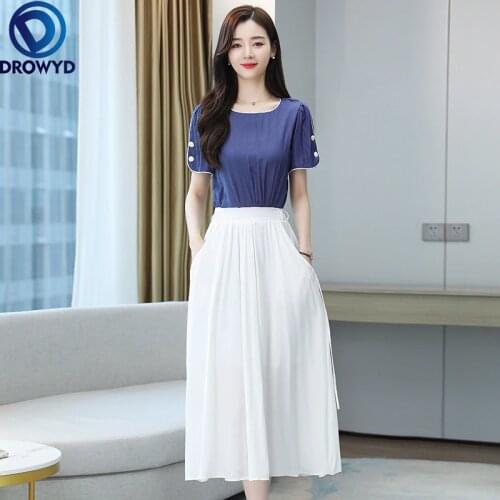 Short Sleeve Chiffon High Waist Fake Two Midi Dresses Round Neck Solid Color Casual Irregular Bellflower Dress Women Clothing