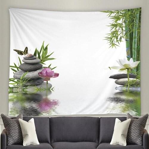 Zen Style Tapestry Green Bamboo Flower Volcanic Stone Spring Scenery Living Room Wall Decor Dorm Bedroom Bedside Backdrop Cloth