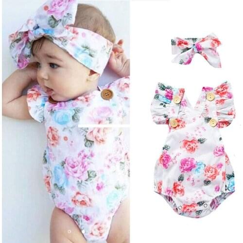 Newborn Baby Girl Clothing Set Floral Ruffles Sleeve Button Backless Baby Rompers with Headband Infant Girl Bodysuits 0-24M