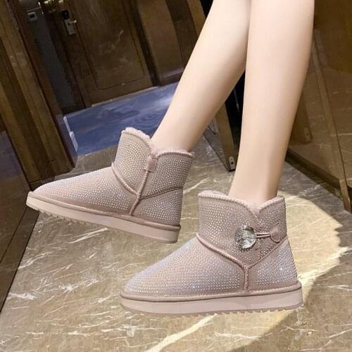 2021 Womens Winter New Snow Boots Rhinestone Decorate Snow Boots Female Student Middle Tube Boots Flat Thick Warm Cotton Shoes