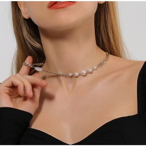 Punk Heart Imitation Pearl Stitching Chain Necklaces for Women Choker Short Silver Color Hip Hop Chains Collars Chocker Jewelry