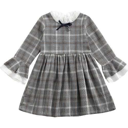 2021 2-7Y Children Girls Big Hem Dress Spring Fall Grey Plaid Printed Pattern Bow Long Flared Sleeves Pleated Casual Dress