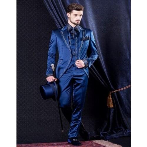 Customize Blue Embroidery Groom Men Suit Tuxedos Tailcoat Groomsmen Mens Wedding Prom Suits (Jacket+Pants+Vest+Tie)