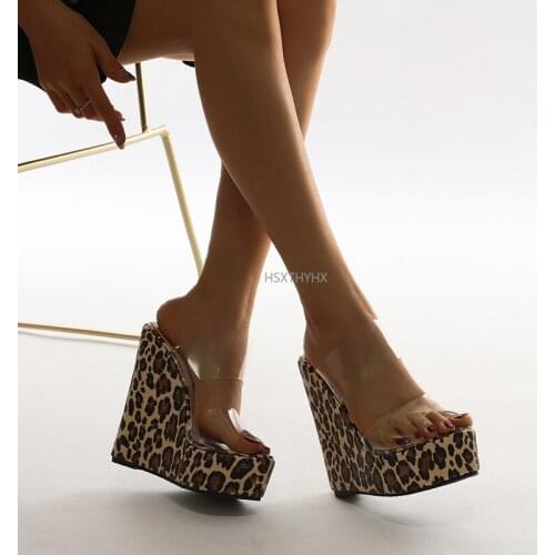 Size 35-42 PVC Transparent Women Slippers Fashion Sexy Leopard grain Thick Bottom Platform Wedge Sandals Woman Shoes