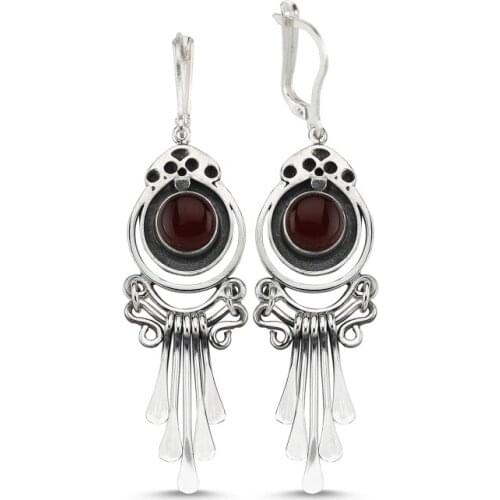 Silverlina Silver Red Agate Gemstone Dangle Hand Handwork Earrings