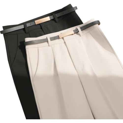 2021 New Spring Autumn Women Pants High Waist Loose Formal Elegant Office Lady Ankle-Length with Belt Suit Pants Y497