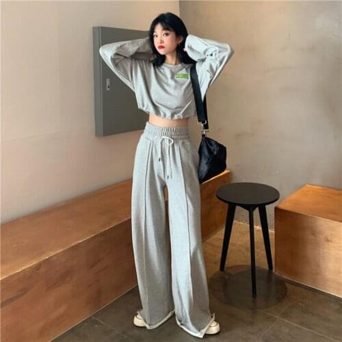Womens Korean Fashion Sports Sweater High Waist Slim Wide Leg Pants Set Plus Sizeensemble femme survetement Pants suit