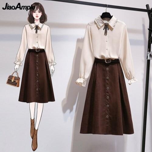 Womens Vintage Spring Autumn Two Pieces Set 2021 Lady Graceful Bow Flare Sleeve Shirt+waistband Skirts Suit Streetwear Female