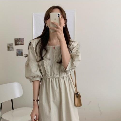 New Korean One-Piece WomenS Dress 2021 Summer Elegant Square Neck Lace Stitching Short Sleeve Dresses Solid Dress Midi Dress