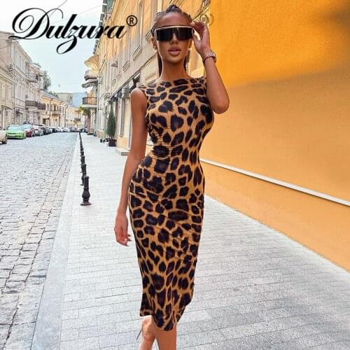 Dulzura Leopard Anmial Print Women Sleeveless Backless Midi Dress Bodycon Sexy Streetwear Party Nigh Club 2021 Autumn Winter