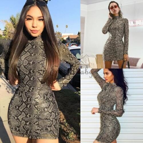Women Sexy Snake Printed Mini Dress Ladies Everning Party Clubwear Bodycon Dress