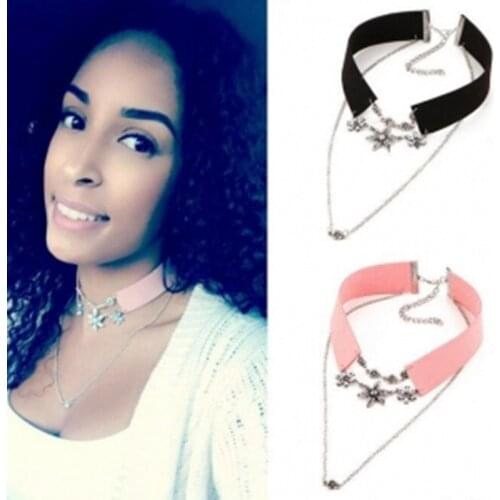 Comiya Leather Crystal Flower Double Chain multilayer flowers Collar Choke necklaces pendants women bijuteria collier Vintage