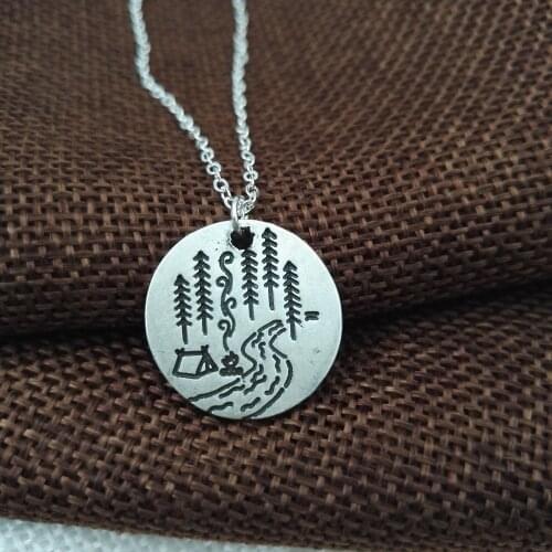 1pcs Lovely camping pendant A river runs through it tree and house camping necklace Lover Gift Live the simple life SanLan
