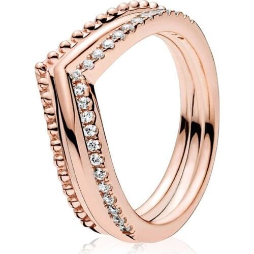 2018 NEW 100% 925 Sterling Silver Rose Wish Bone Ring Stack Rose Gold Wedding Ring For Fashion Women Gift Jewelry