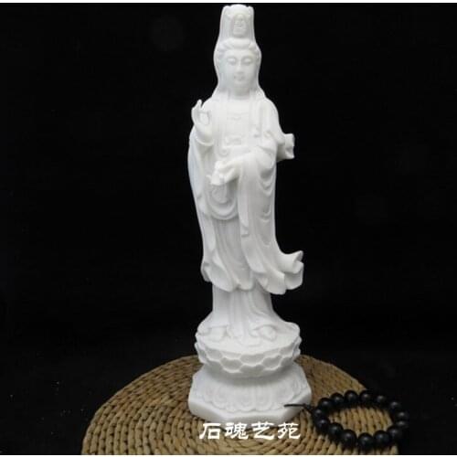 37 CM tall# HOME family efficacious Talisman Mascot Nanhai Guanyin Buddha FENG SHUI White marble Hand engraving Sculpture statue