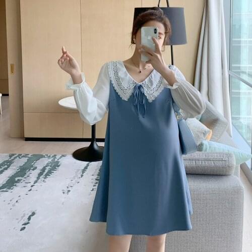 631# Maternity Dress Spring Autumn Long Sleeves Turn Down Collar Loose Patchwork Dress for Pregnant Women Mom Dress