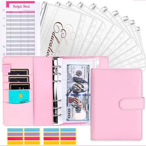 A6 PU Leather Notebook Binder Budget Planner Cash Envelopes with 12 Binder Pockets, Budget Sheets and Stickers,for Saving Money