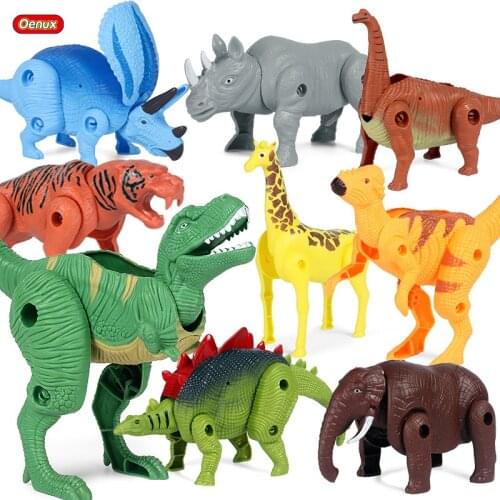 Oenux Deformed Animals Jurassic T-Rex Stegosaurus Pachycephalosaurus Model Action Figures Wild Lion Tiger Giraffe Toy For Kids