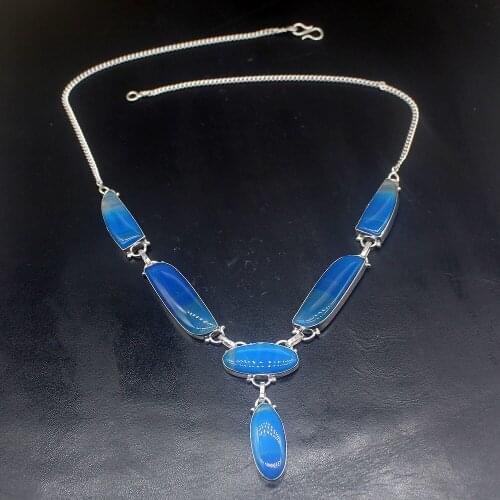 Gemstonefactory Jewelry Big Promotion 925 Silver Fashion Blue Botswana Agate Ladies Women Chain Necklace 50cm 20213359