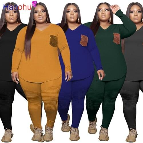 HAOOHU Plus Size XL-5XL Two 2Piece Set Women Active Tracksuit Outfits Long Sleeve Patchwok Pocket Tee + Stacked Flare Pants Set
