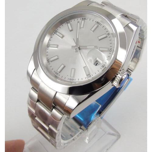 36mm Dress Polished Bezel Automatic Men Wristwatch MIYOTA 8215 Brushed Bracelet Date Magnifier Solid Back