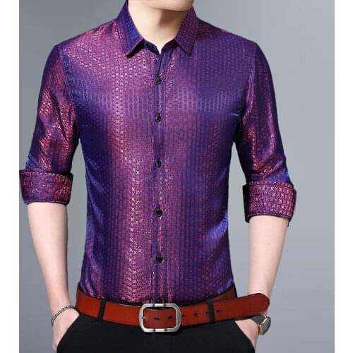 Satin Dress Shirts Mens Purple Checker Printed Shirt Mens Silk Shirts Mens Casual Clothes Loose Purple Elastic Green Party Dress