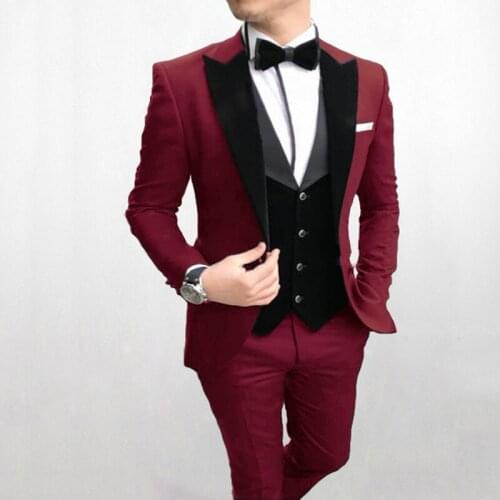 Custom Made Men Suits Dark Red and Black Groom Tuxedos Peak Lapel Groomsmen 3 Pieces Set ( Jacket+Pants+Vest+Bow Tie ) D319