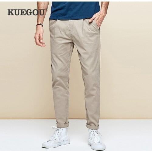 KUEGOU Cotton Spandex mens casual pants Spring overalls slim type straight black trousers pants extension size AK-9792