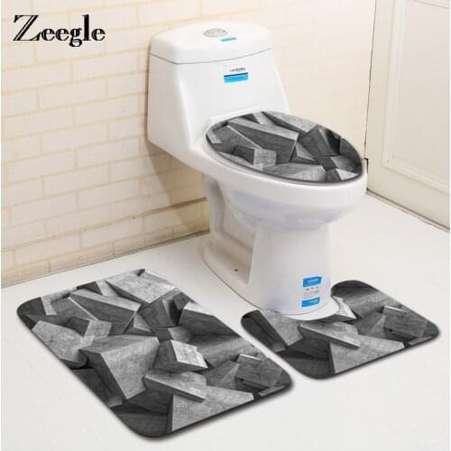 Zeegle 3PCS Geometric Pattern Bathroom Bath Mats Set Non-slip Floor Mats Toilet Rugs Washable Toilet Seat Covers Cushion Set