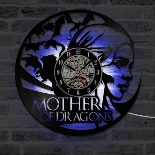 Mother of Dragons Daenerys Vinyl Record Wall Clock - Gift for Movie Passionate Creative Antique Style Hanging LED Wall Clock