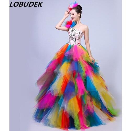 2019 New Adult Women Modern Dance Costume Colorful Embroidery Long Dress Celebration Performance Open Dancing Dresses Stage Wear