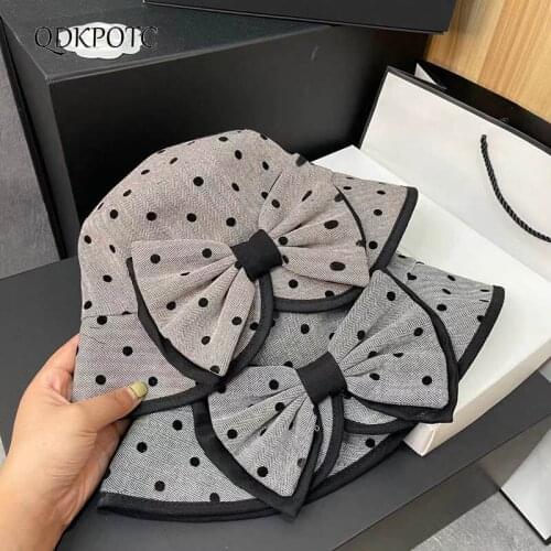 2021 Autumn Winter Hat New Women Wave Point Cotton Bucket Hats Fashion Retro Elegant Japanese Collapsible Big Bow Cap QDKPOTC