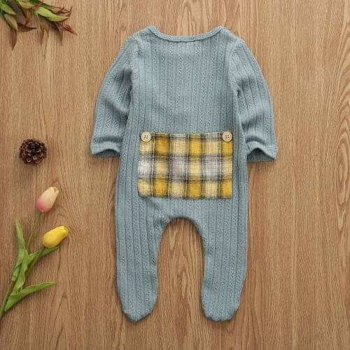 Pudcoco Autumn Winter Newborn Baby Boy Girl Clothes Solid Color Plaids Pocket Knitted Cotton Romper Jumpsuit One-Piece Outfit